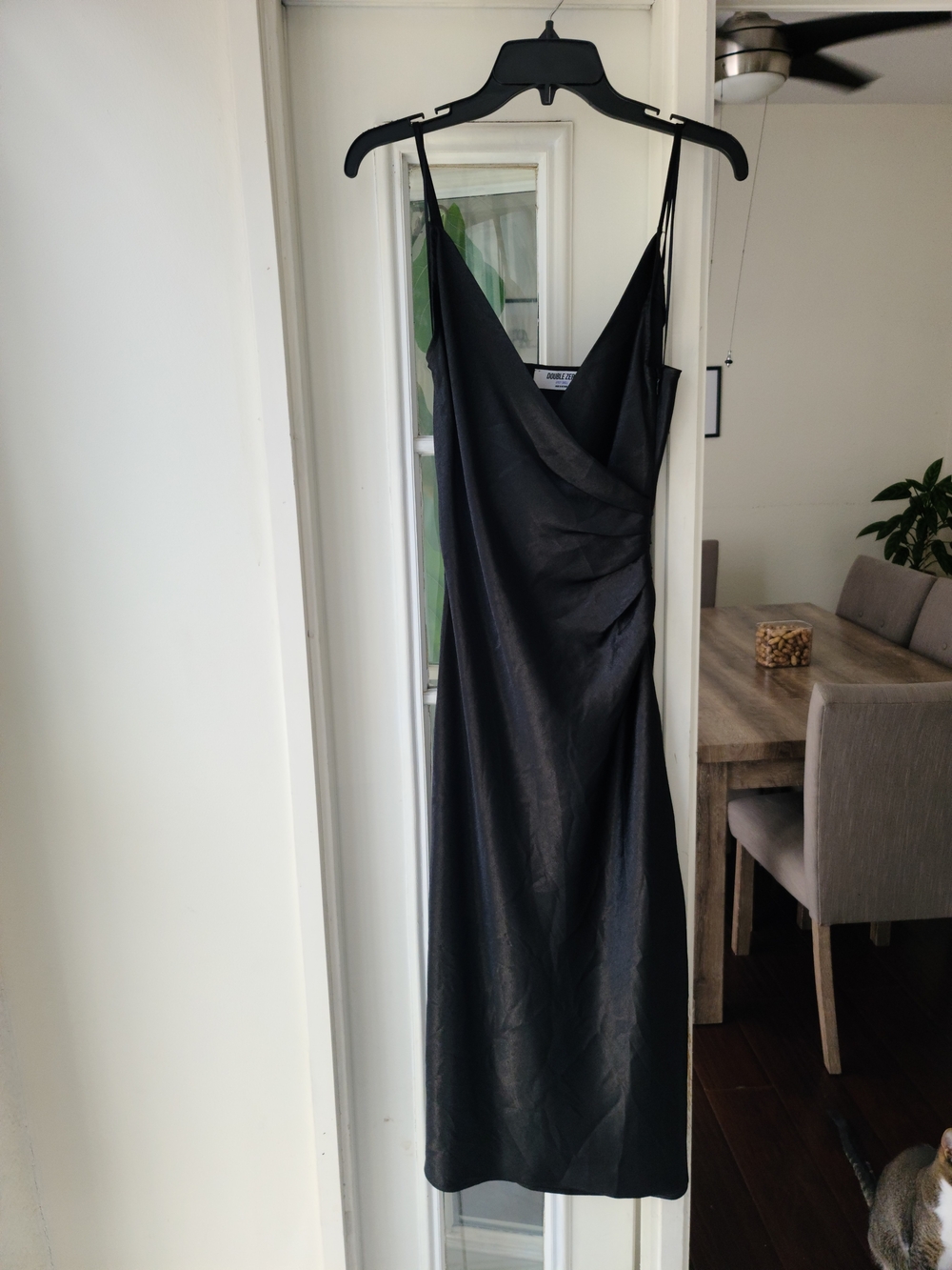 Double Zero Black Satin Midi Slip Dress with V-Neck